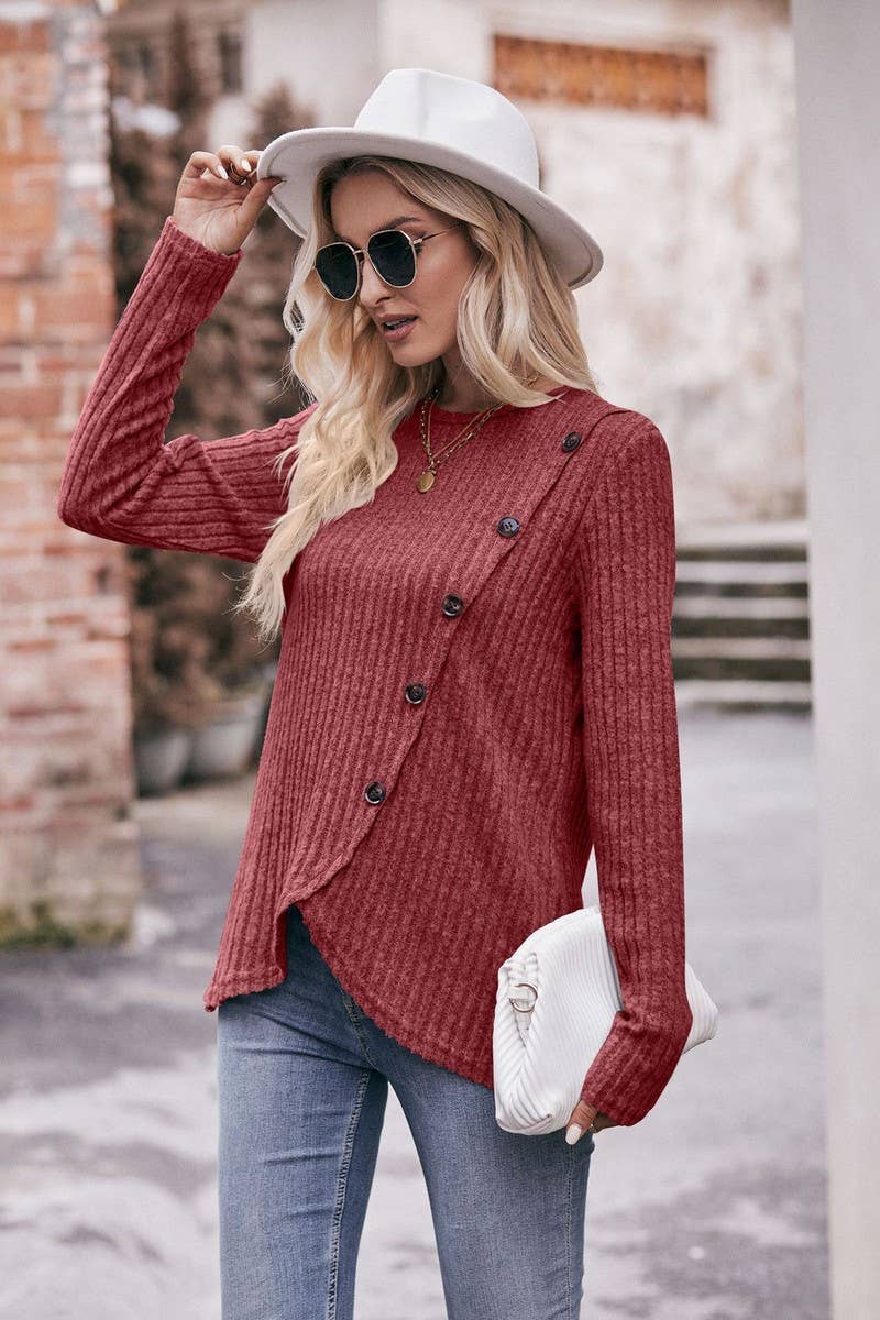 CWTBLL1830_SOLID COLOR ROUND NECK RIBBED HEM BUTTON T-SHIRT