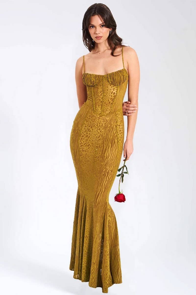 CWDHL1072_SEXY LEOPARD PRINT LOW CUT SEE-THROUGH DRESS