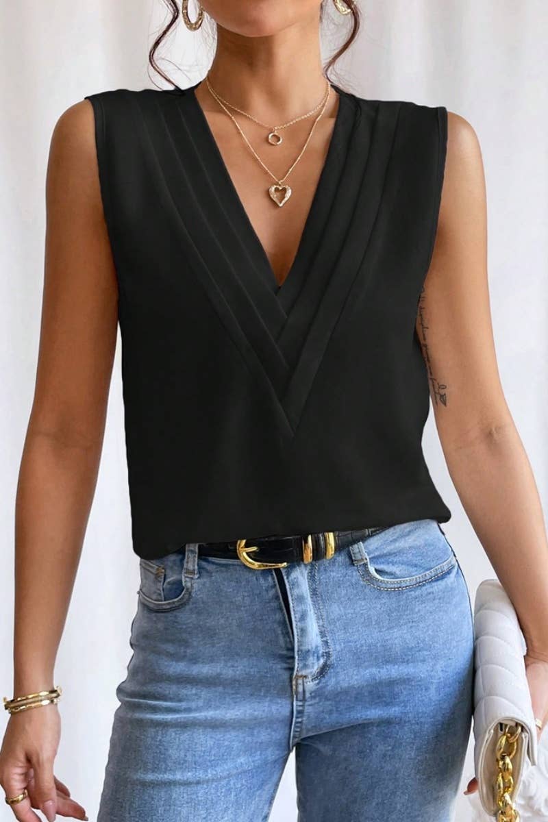 CWOV0332_SUMMER MULTI-LEVEL V-NECK SOLID COLOR TANK TOP