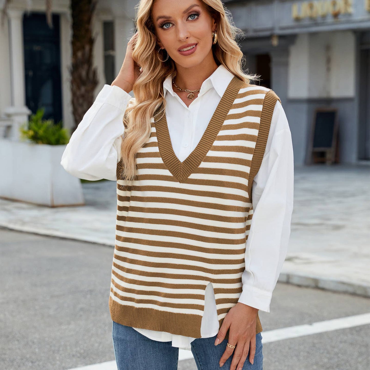 CASUAL V-NECK SPLIT SWEATER VEST VEST VEST