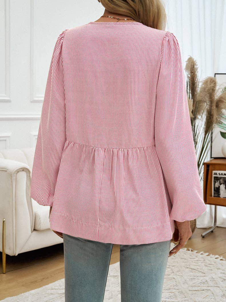 CASUAL LOOSE STRIPED LACE-UP SHIRT