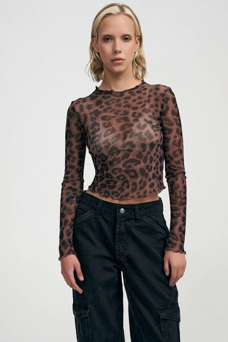 CWTBLL3948_SEXY LEOPARD MESH PRINT SLIM FIT TEE TOP