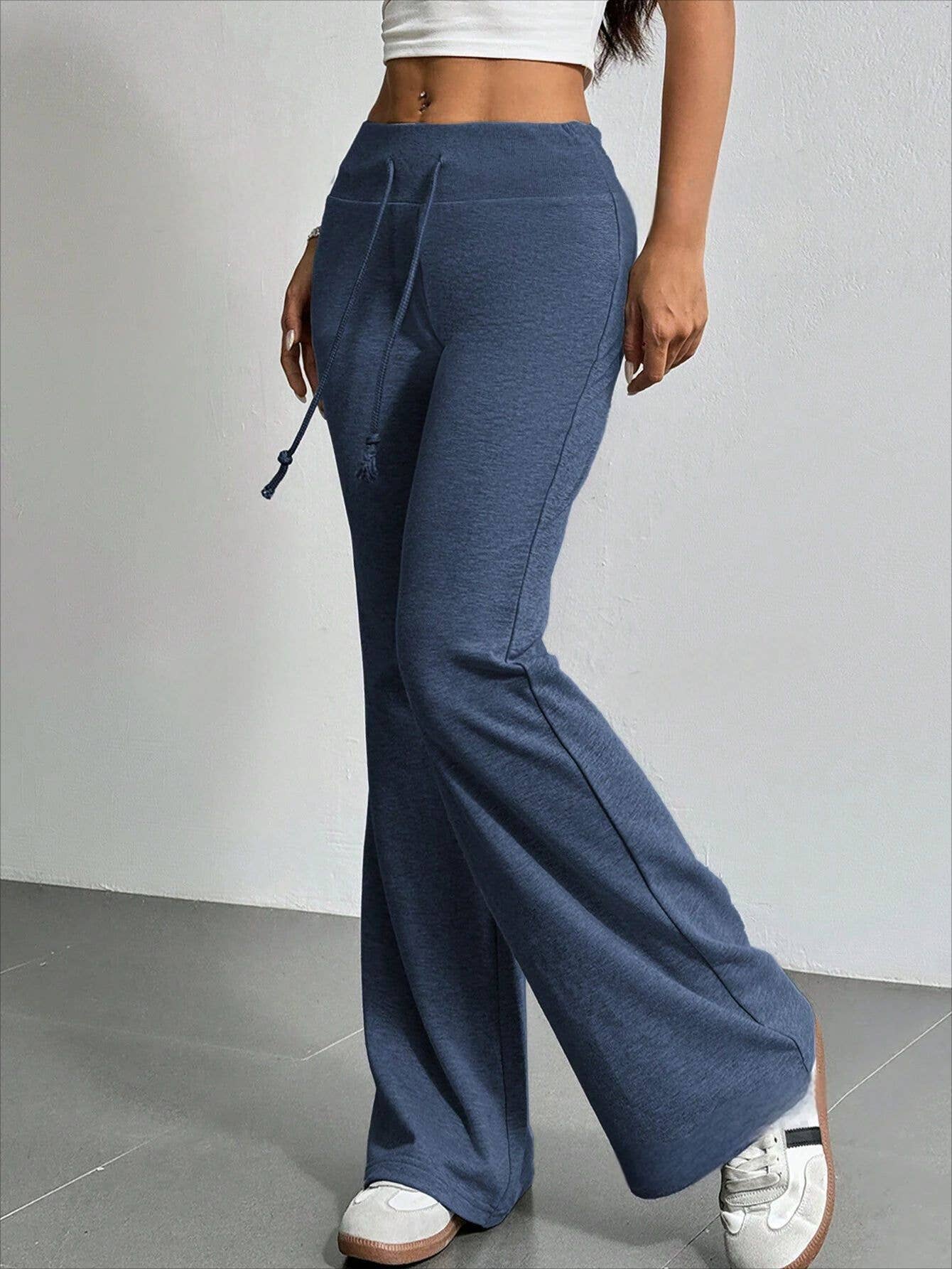 DRAWSTRING HIGH-WAISTED SOLID COLOR BELL BOTTOMS