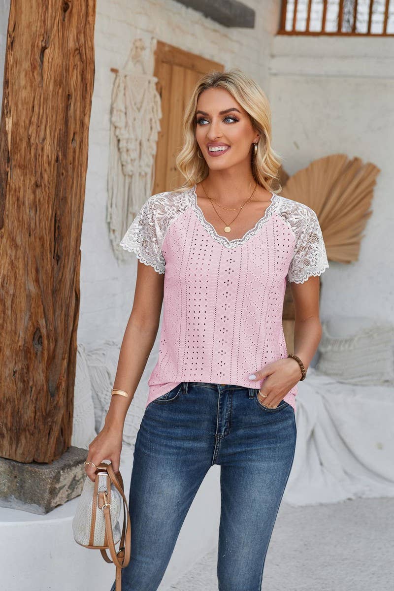 CWTTS00707_SUMMER LACE PATCHWORK SHORT-SLEEVED T-SHIRT