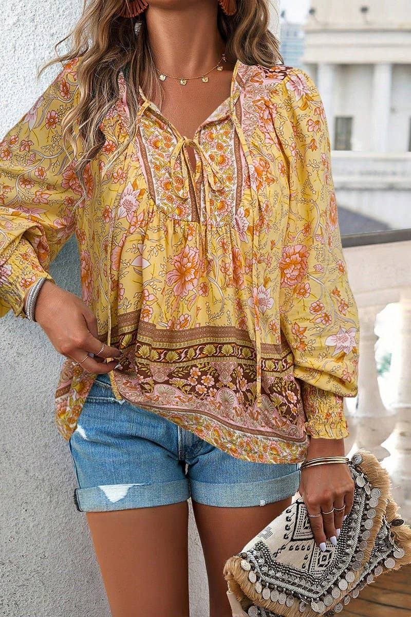 CWTBLL3942_BOHO V-NECK TIE FRONT PRINTED LONG SLEEVE BLOUSE