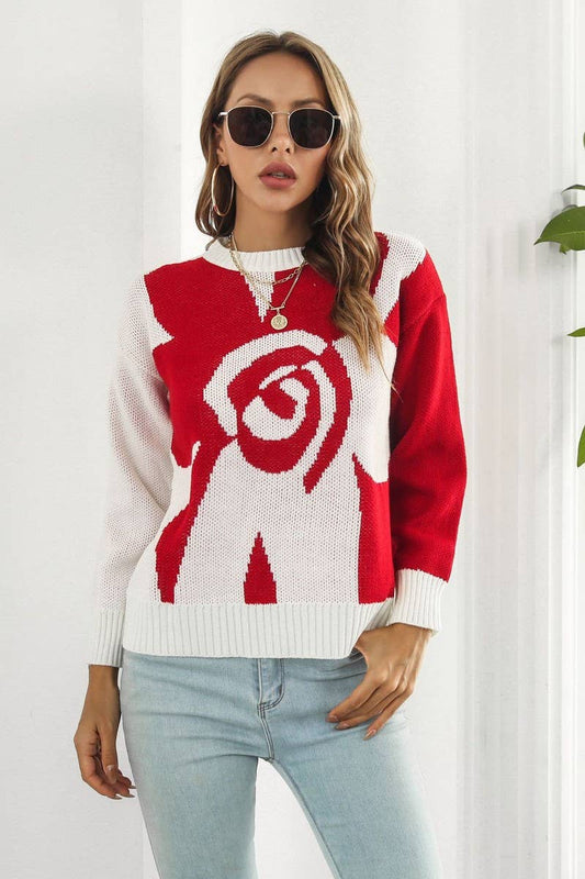 CWOSWL6863_CASUAL LOOSE FLORAL JACQUARD LONG SLEEVE SWEATER