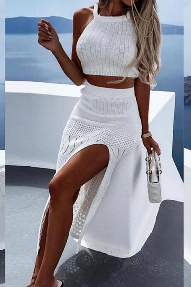 CWSTB1650_HOLLOW SHORT TOP SPLIT HIP SKIRT TWO-PIECE SET