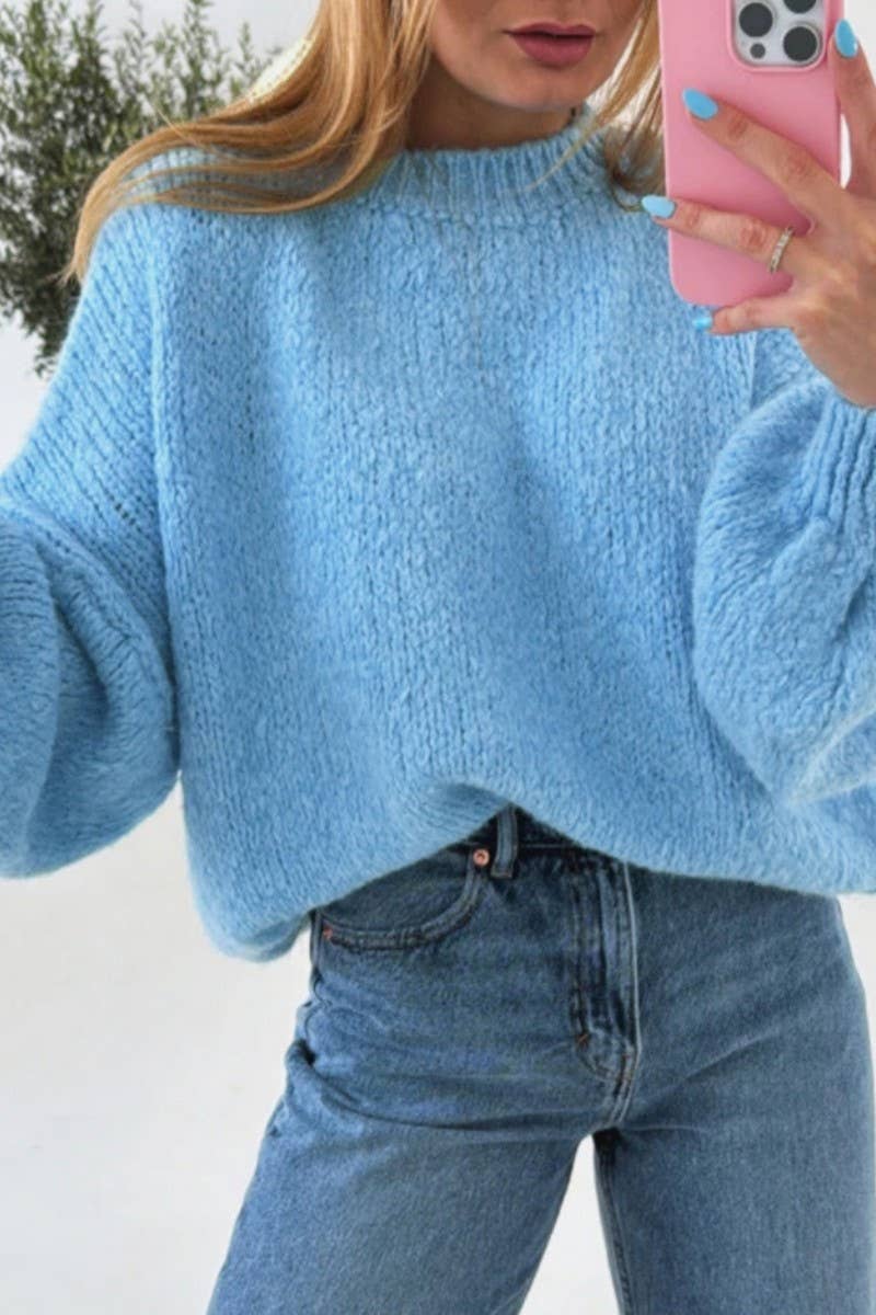 CWOSWL07452_LOOSE LANTERN SLEEVE CREW NECK KNIT SWEATER