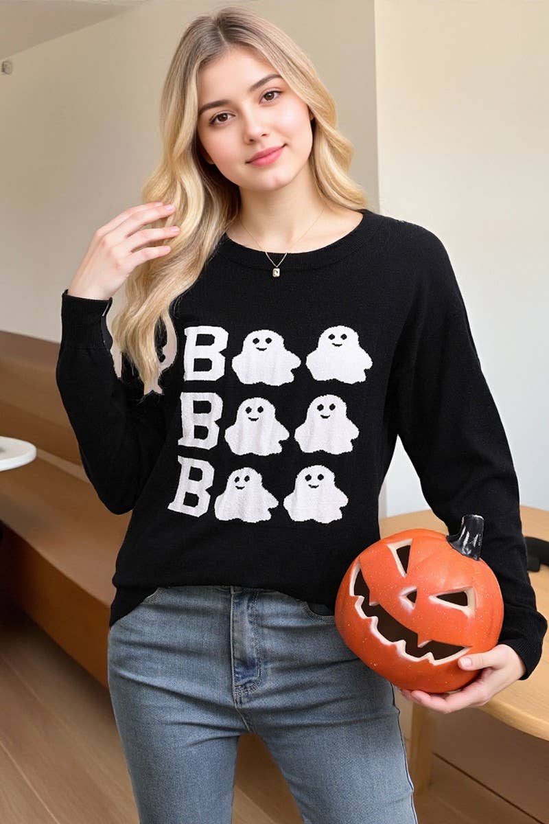 CWOSWL07356_HALLOWEEN EMBROIDERED CASUAL CREWNECK TOP