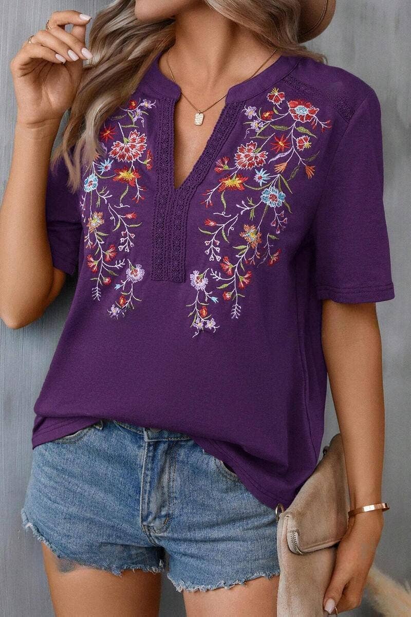 CWTBLS1118_EMBROIDERY PATCHWORK LACE LACE SHORT SLEEVE TOP
