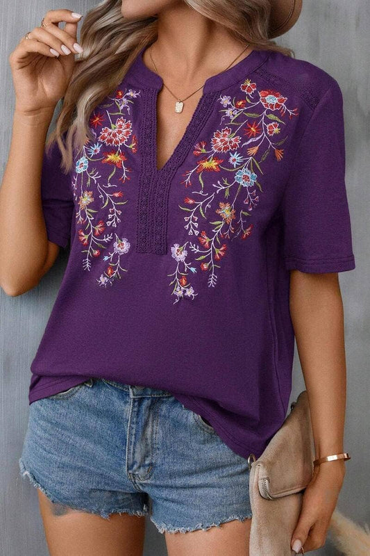 CWTBLS1118_EMBROIDERY PATCHWORK LACE LACE SHORT SLEEVE TOP