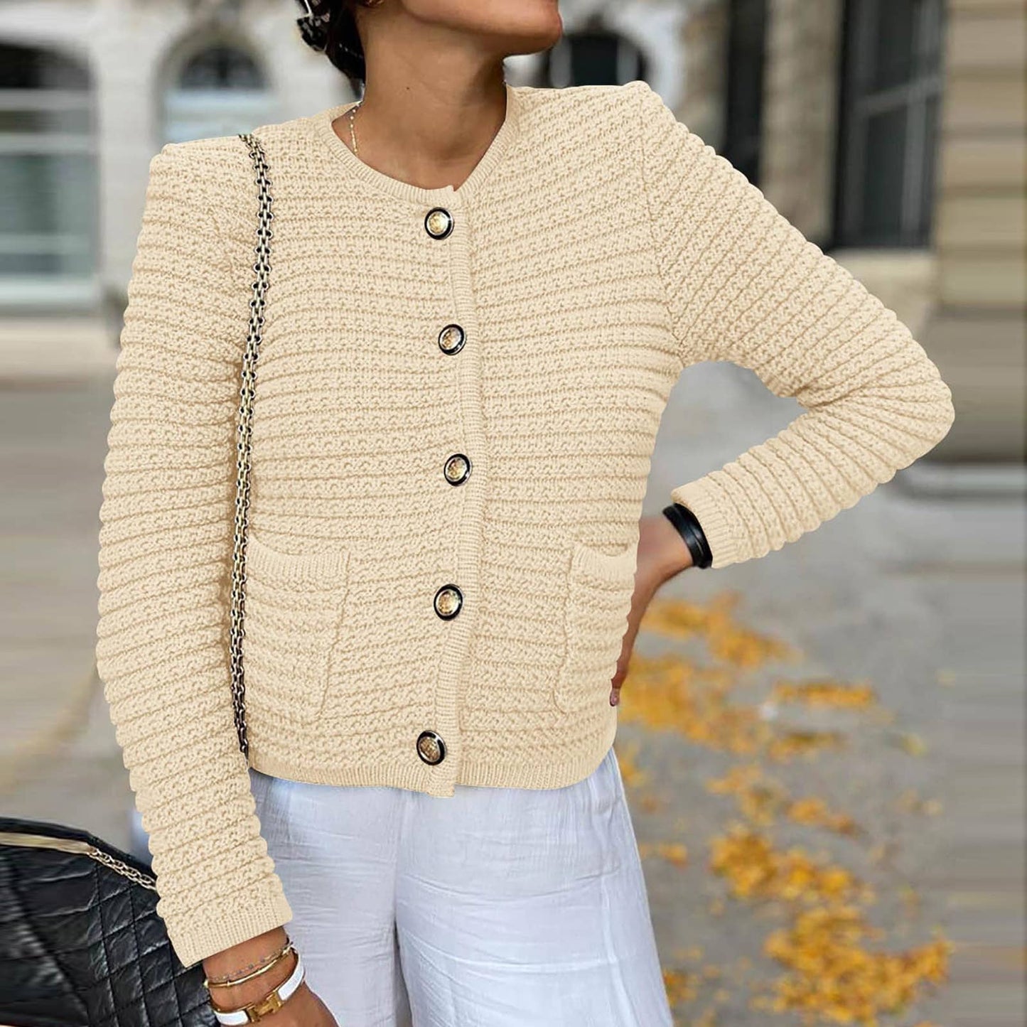 Crew-neck knitted commuter vintage casual cardigan