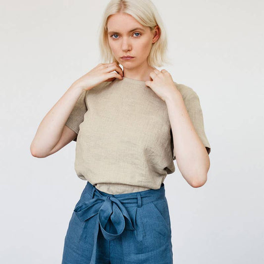 CREW-NECK CASUAL COTTON LINEN BLOUSE