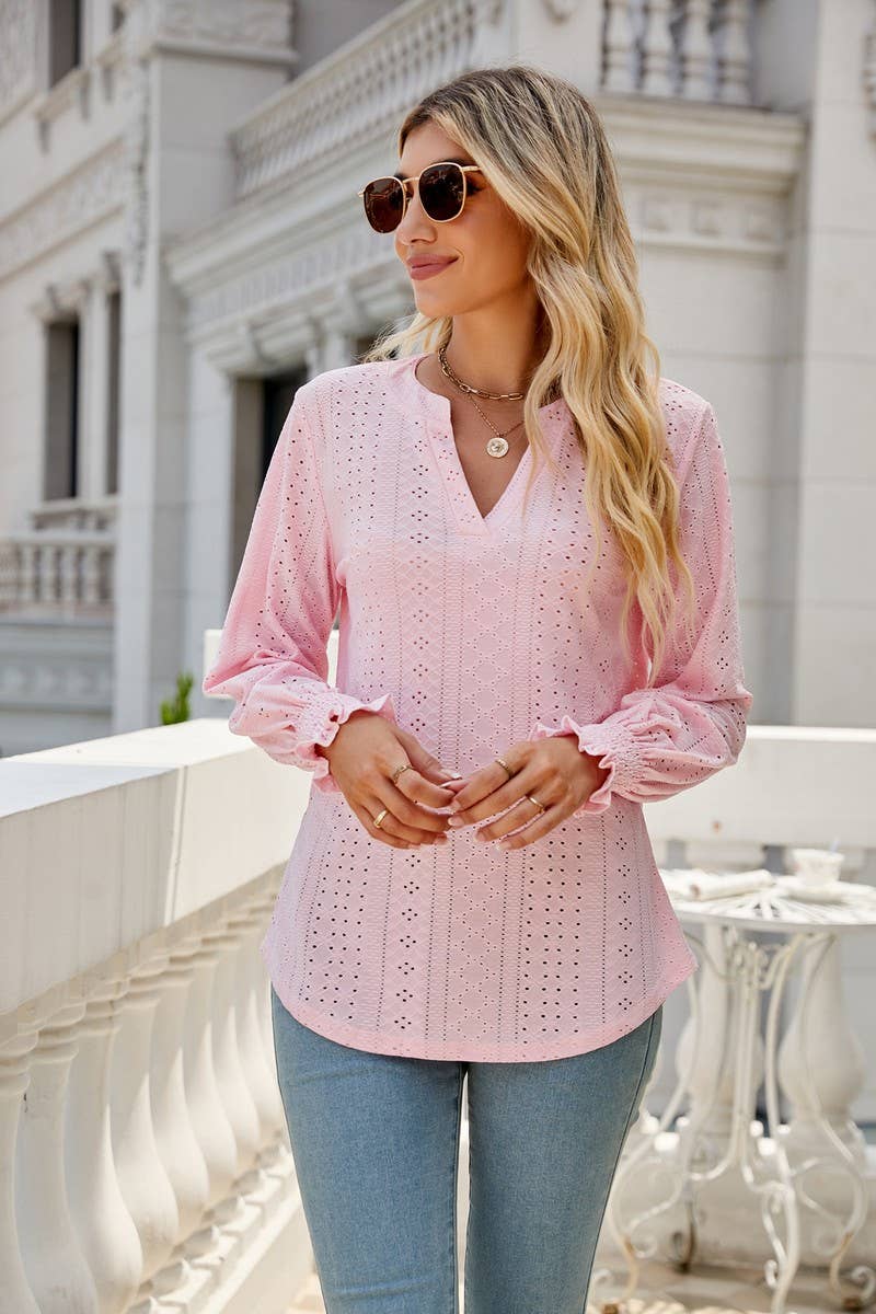 CWTBLL2407_V-NECK HOLLOW PLEATED LOTUS LEAF SLEEVE TOP