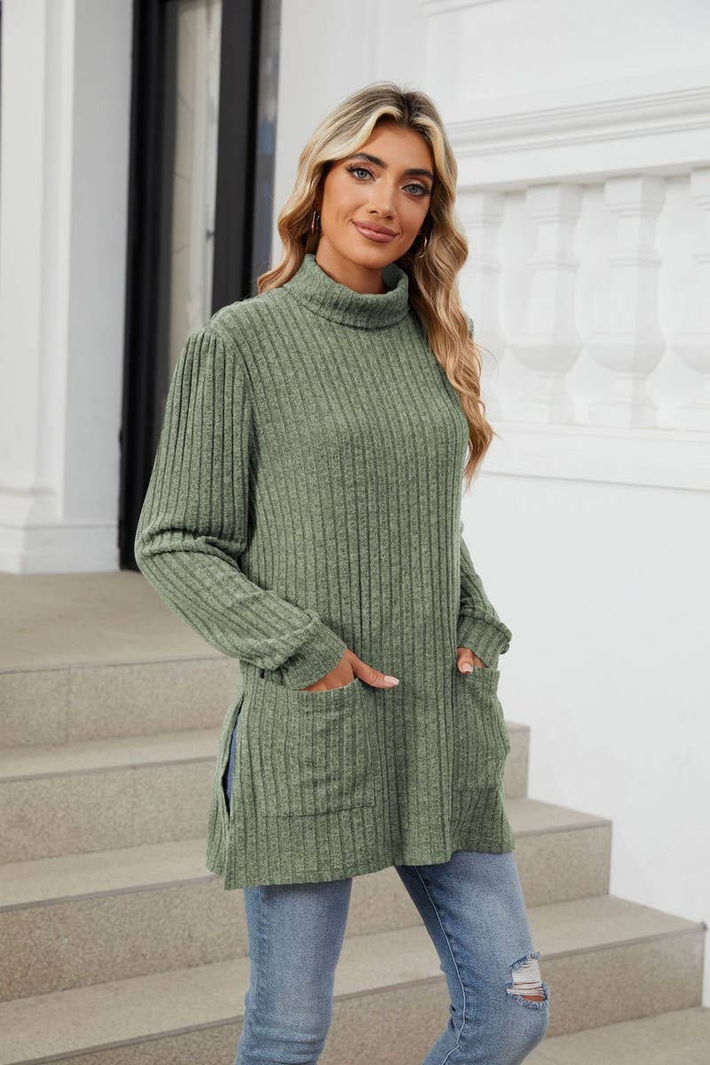 CWTBLL2363_SOLID COLOR HALF TURTLENECK SLIT POCKET TOP