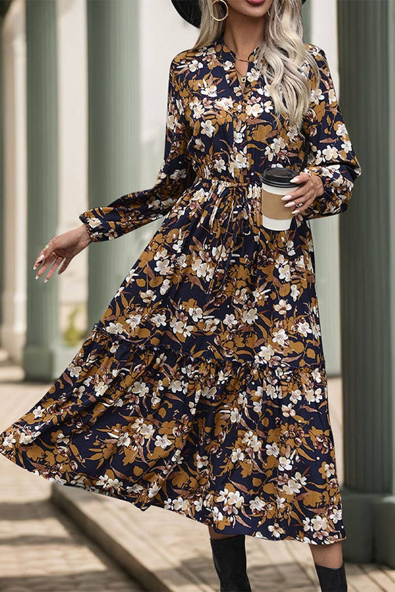 CWDMD3569_VINTAGE PRINT LONG SLEEVE V NECK DRESS