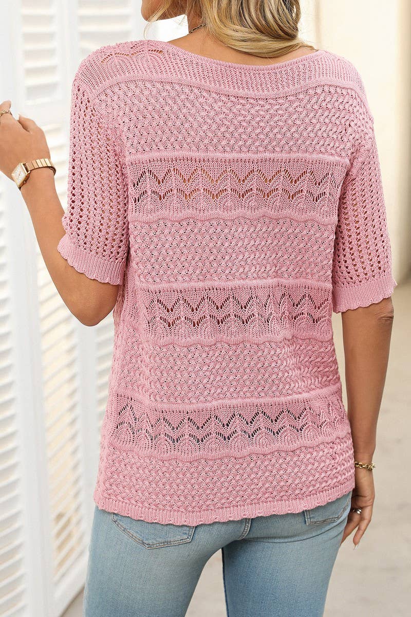 CWOSWS0128_CREW NECK HOLLOW KNIT CROCHET SHORT SLEEVE TOP