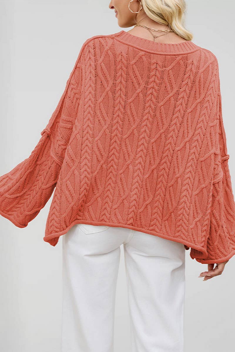 CWOSWL7016_ROUND NECK SHORT CABLE KNIT LOOSE SWEATER