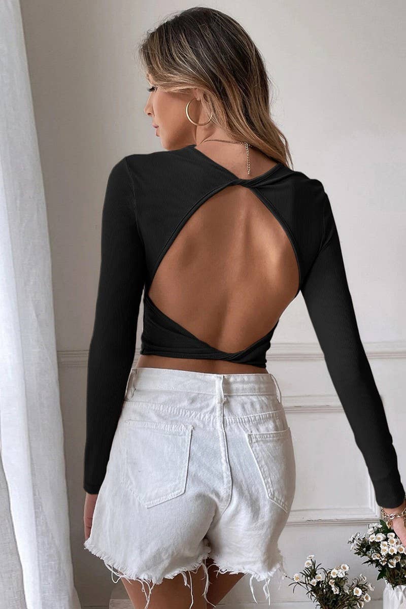 CWTBLL2703_CROPPED SLIM FIT KNIT T-SHIRT TOP WITH OPEN BACK