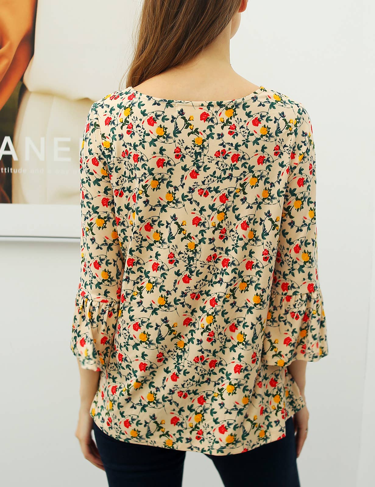 CWTTL1401-P_3/4 SLEEVE WITH NECK STRING DETAILED TOP