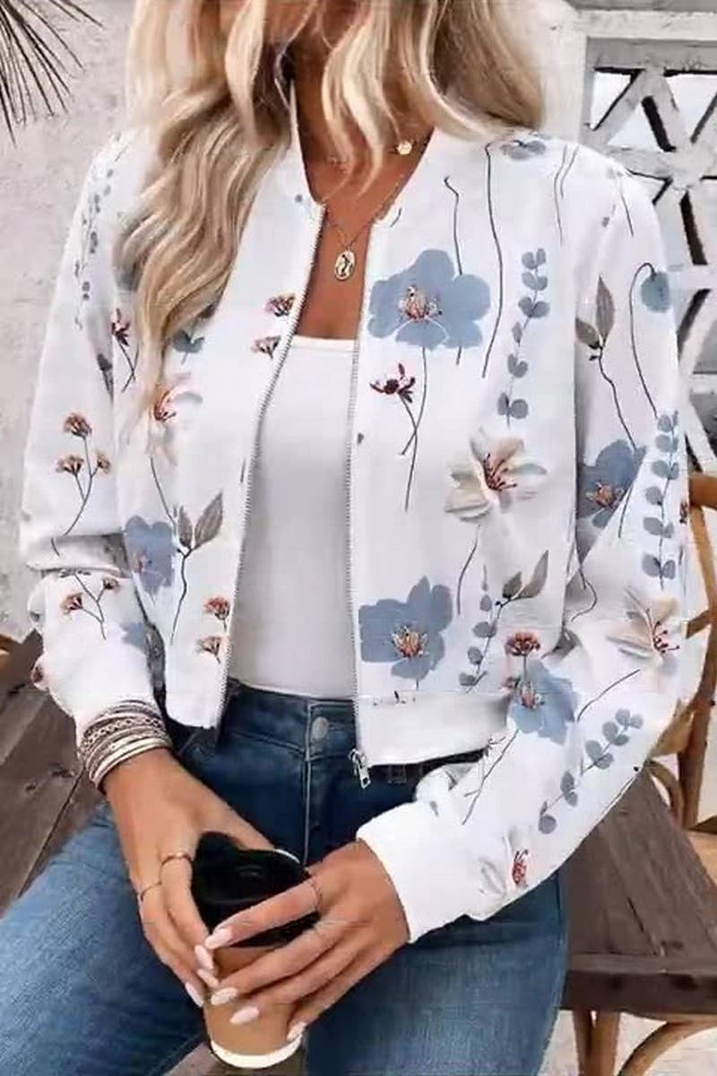 CWOCO1135_FLORAL PRINT LONG SLEEVE CROPPED ZIP-UP JACKET