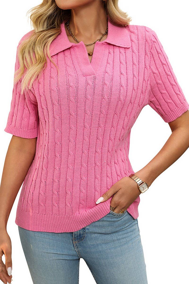 CWOSWS0127_V-NECK LAPEL CABLE-KNIT SHORT-SLEEVED PULLOVER