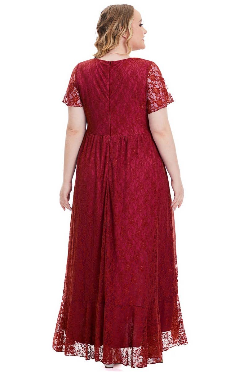CWDMD3206_PLUS SIZE V-NECK LACE LONG EVENING DRESS