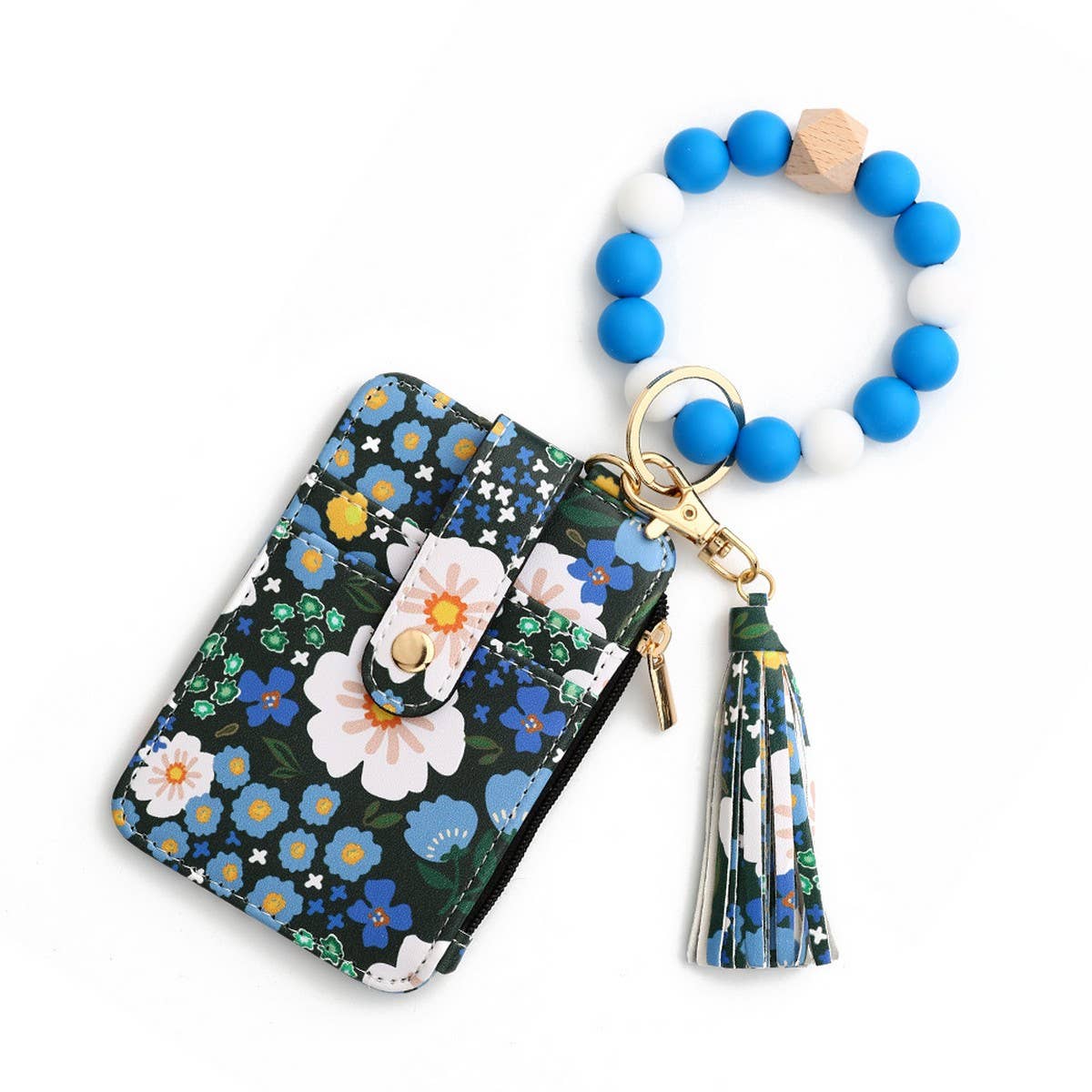 Floral Print PU Wallet with Silicone Bead Keychain_CWAB4930