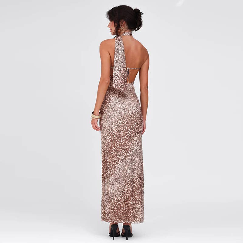 Cinched-neck off-the-shoulder leopard print dress