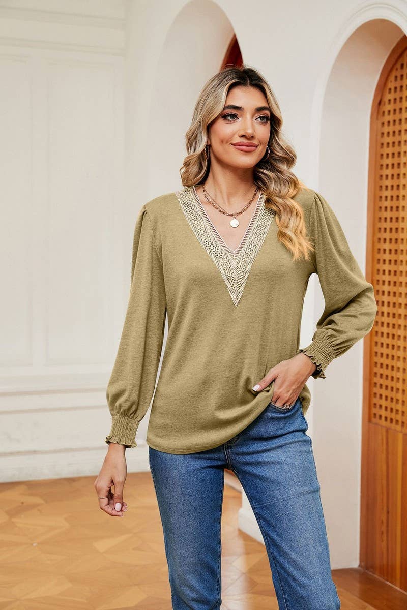 CWTBLL2396_V NECK LACE TRIM LONG SLEEVE LOOSE PULLOVER