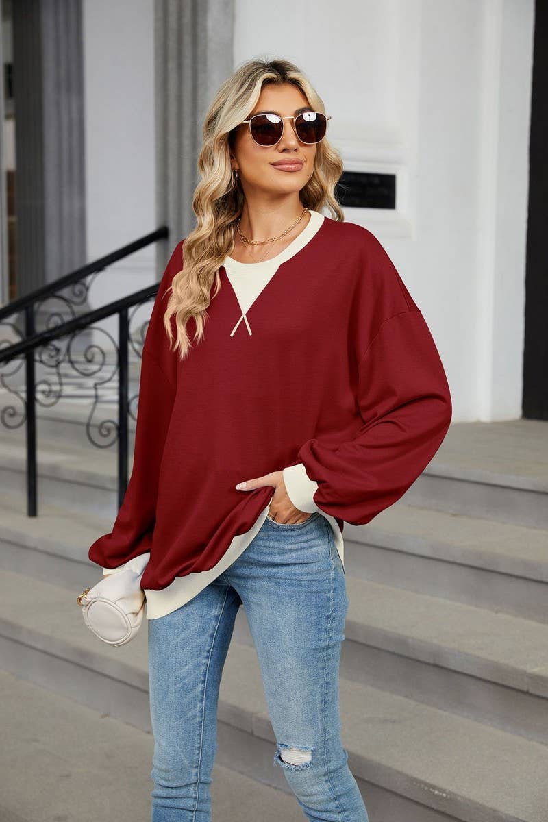 CWTBLL3743_AUTUMN AND WINTER CONTRAST COLOR LOOSE SWEATSHIRT