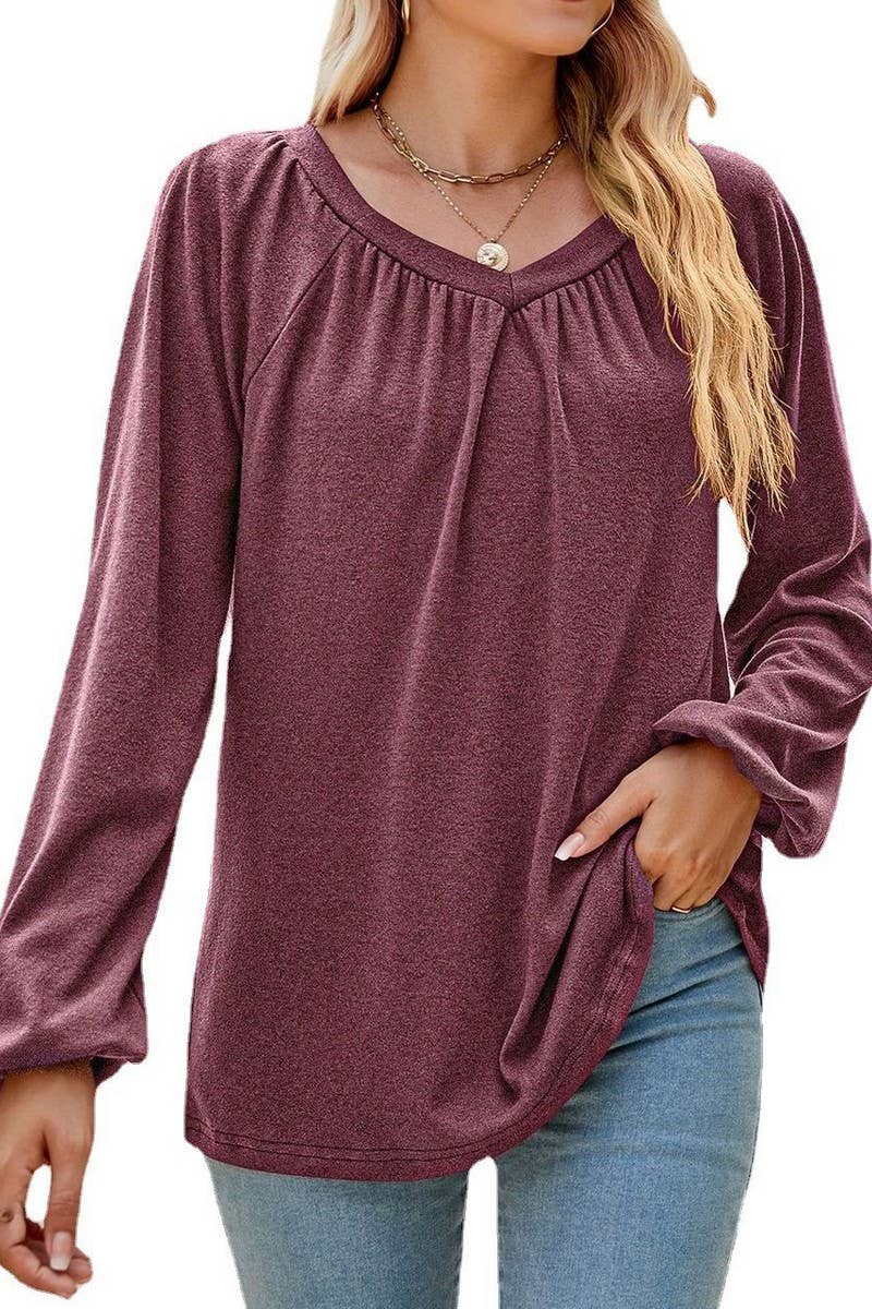 CWTBLL2413_SOLID COLOR LONGSLEEVE V-NECK PLEATED T-SHIRT TOP