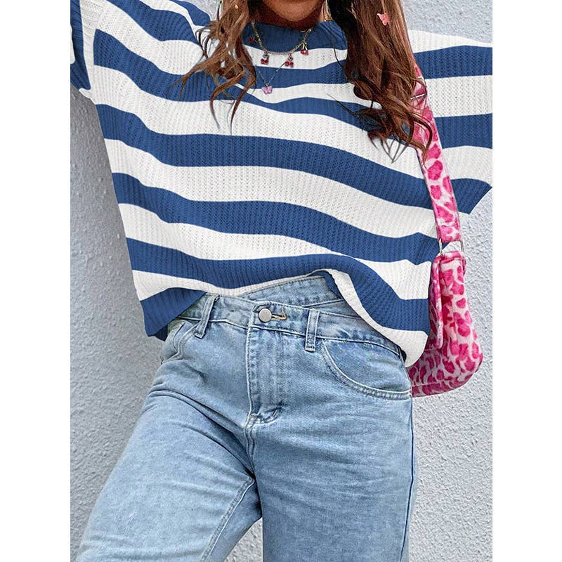 COLOR CONTRAST STRIPED CREW NECK LOOSE KNIT TOP