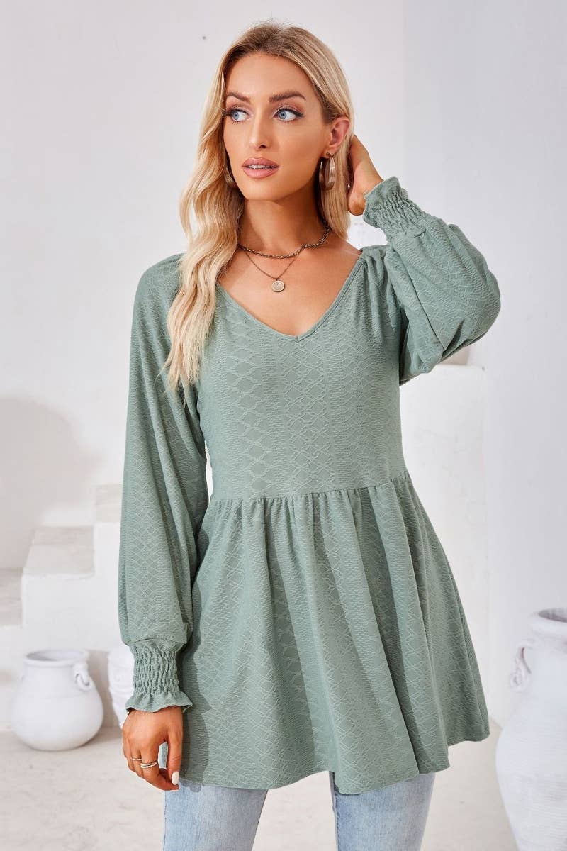 CWTBLL2817_SOLID COLOR PATCHWORK LONG-SLEEVED TUNIC