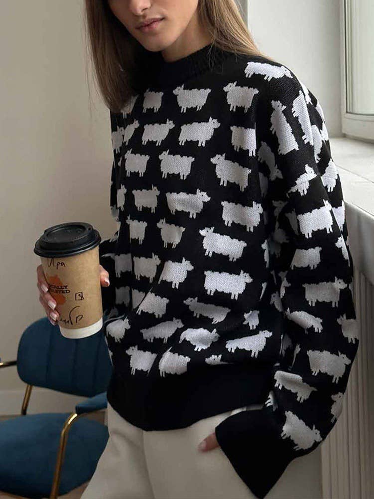 ALPACA PRINT LOOSE CASUAL KNIT SWEATER FOR WOMEN