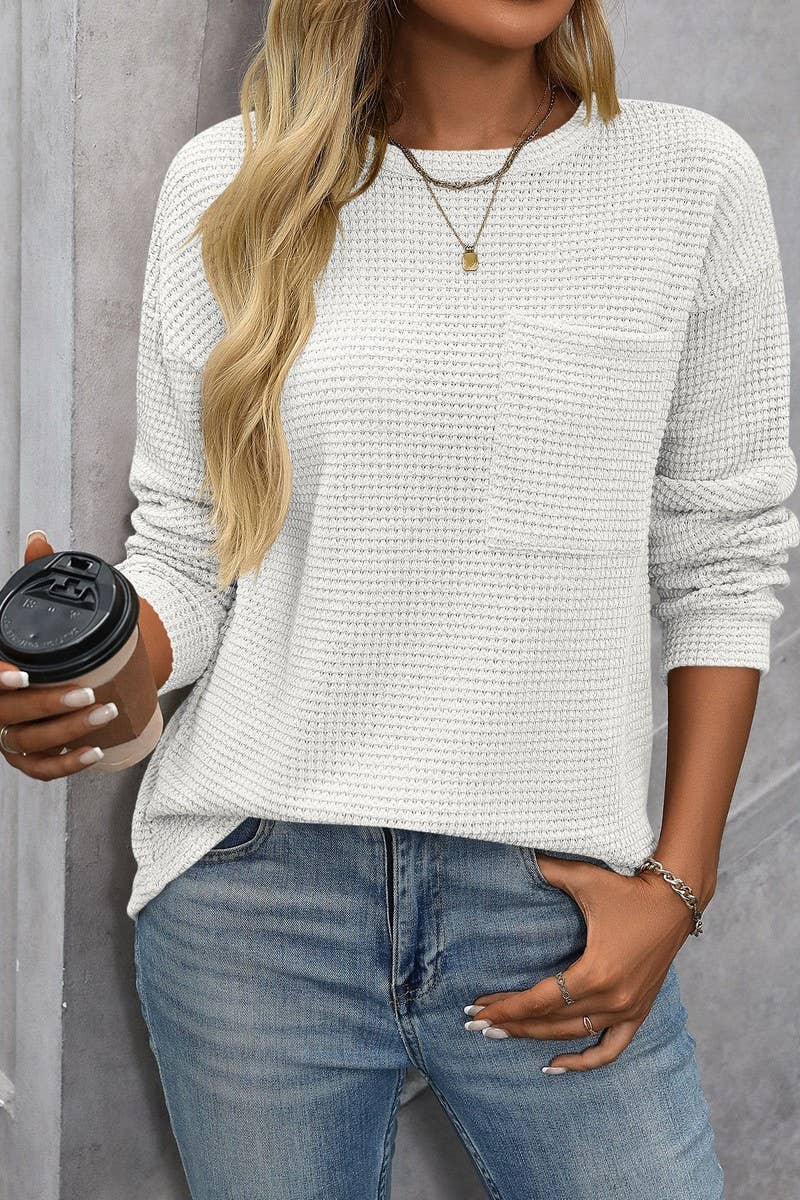 CWTBLL1821_WAFFLE SOLID COLOR ROUND NECK POCKET LOOSE TOP