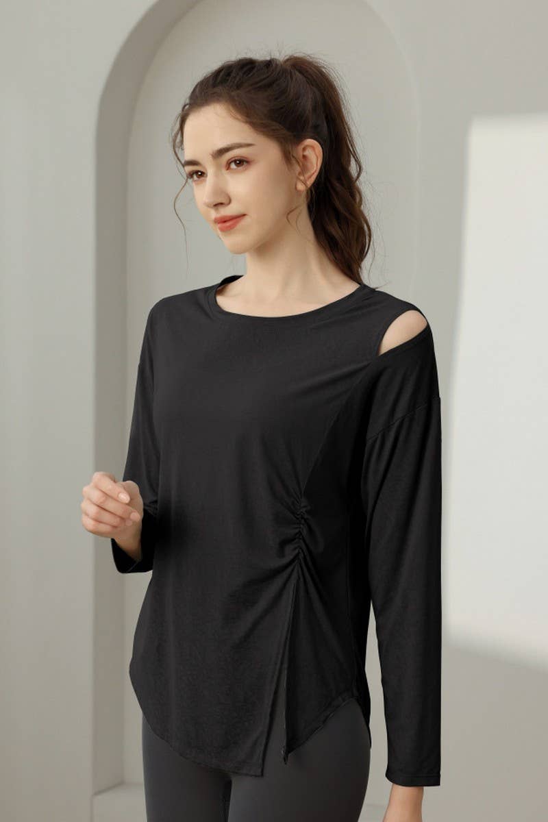 CWTBLL1592_JADE JACQUARD SLIT LOOSE SPORTS YOGA TOP