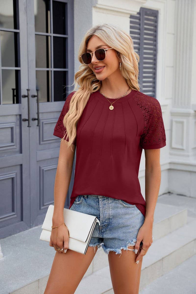 CWTTS0812_Round Neck Contrast Lace Short  Sleeve Blouse