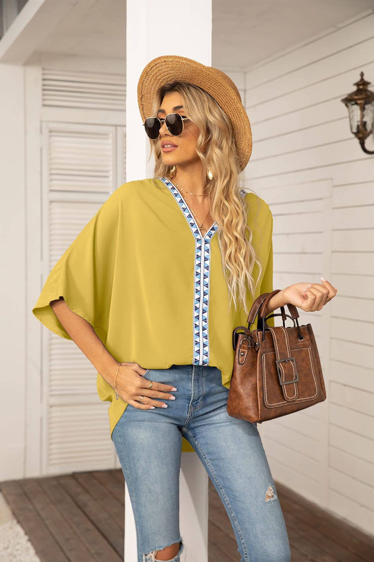 BAT-SLEEVED CHIFFON V-NECK SHORT-SLEEVED SHIRT