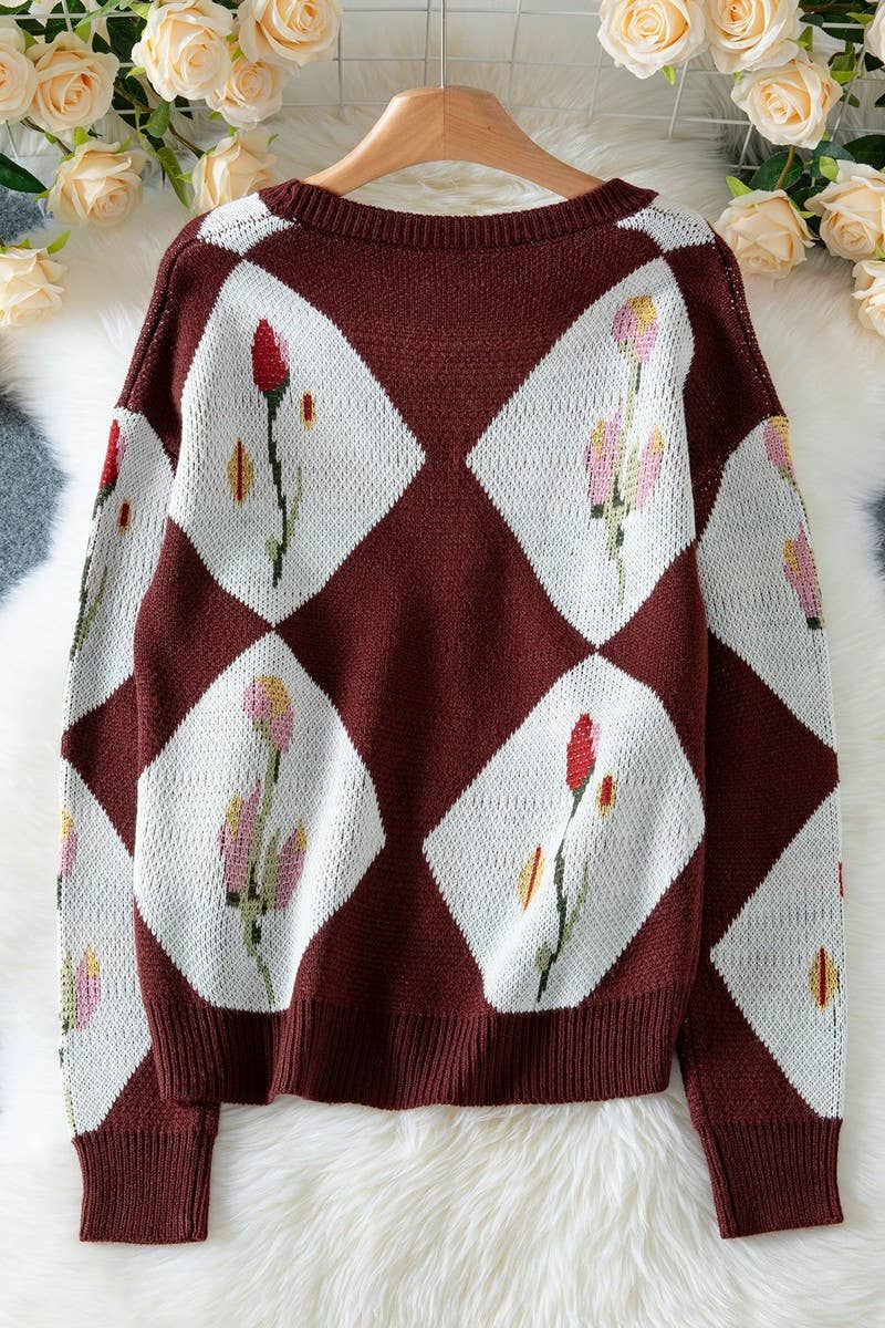 CWOCAL00568_CONTRASTING FLORAL JACQUARD-KNIT SWEATER COAT