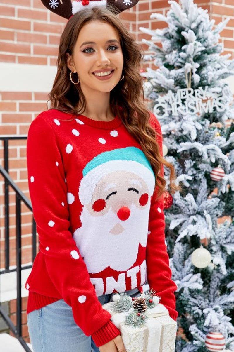 CWOSWL2485_LETTER EMBROIDERED SANTA CLAUS CHRISTMAS SWEATER