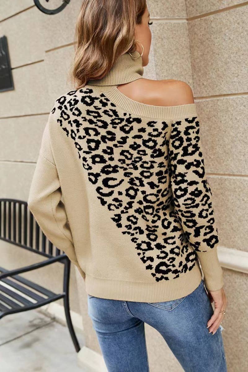 CWOSWL6321_LEOPARD TURTLENECK OFF-THE-SHOULDER SWEATER