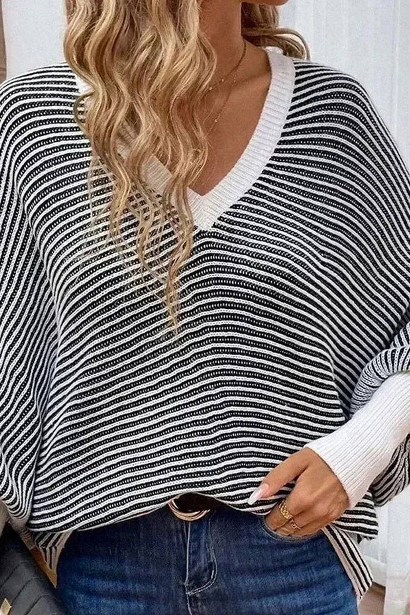 CWOSWL07305_LOOSE STRIPED V-NECK BATWING KNIT PULLOVER