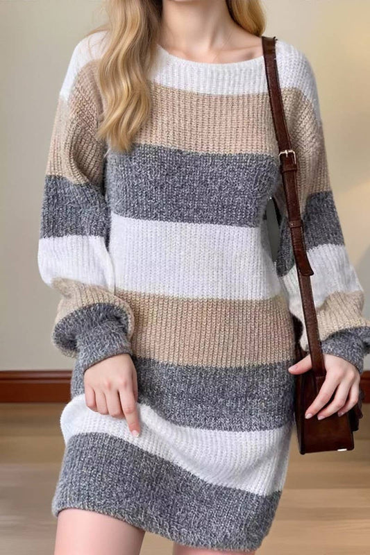 CWDSD10880_ROUND NECK COLORBLOCK STRIPED KNIT DRESS