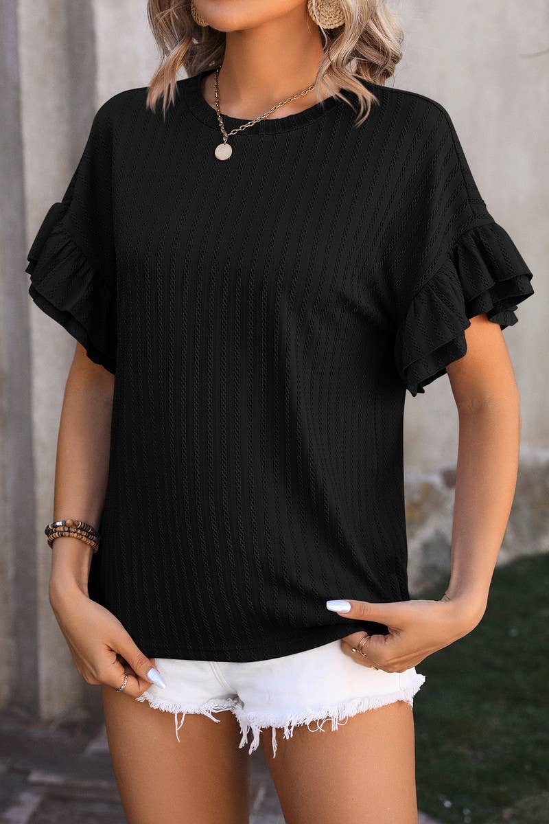 CWTBLS0906_ROUND NECK SHORT SLEEVE SHIRT WITH LOTUS SLEEVES