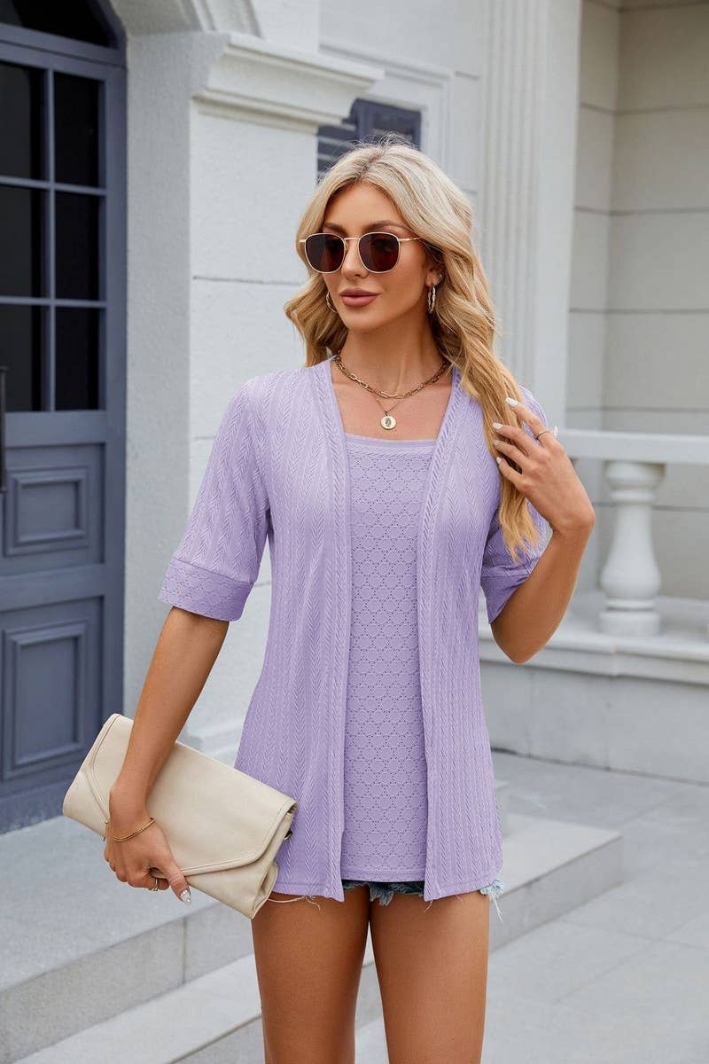 CWTBLS0441_Short Sleeve Tops Fake Two Pieces Pullover Blouse