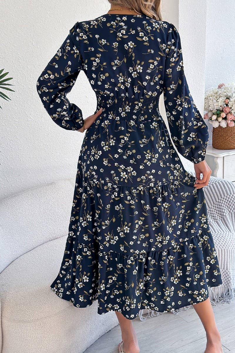 CWDMD6028_FLORAL V-NECK LONG SLEEVE RUFFLE WAIST DRESS