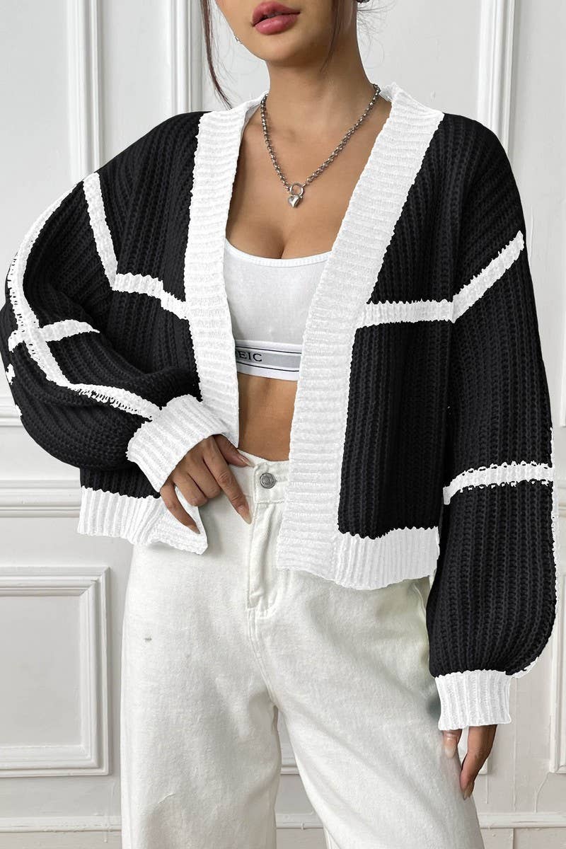 CWOSWL07344_WOMEN COLOR BLOCK KNIT CASUAL CARDIGAN