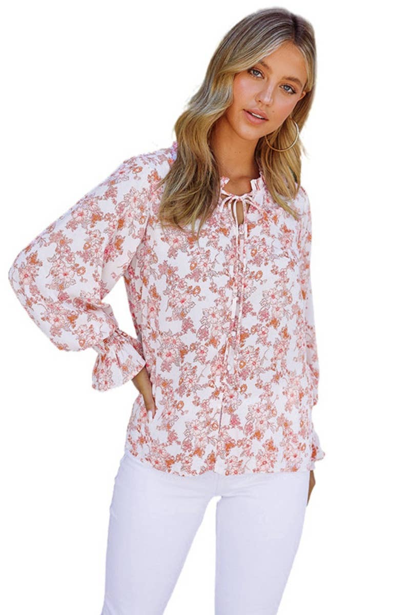 CWTBLL1151_FLORAL CHIFFON LONG SLEEVE V-NECK SHIRT TOP