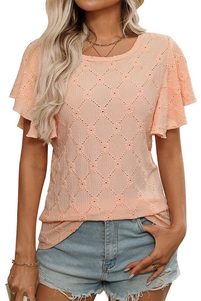 CWTTS1371_SUMMER FLOWER HOLLOW LOTUS SLEEVE CASUAL TOP